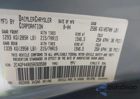 2005 Chrysler Town & Country Lx z USA, uszkodzony, nr VIN 2C4GP44R65R269580